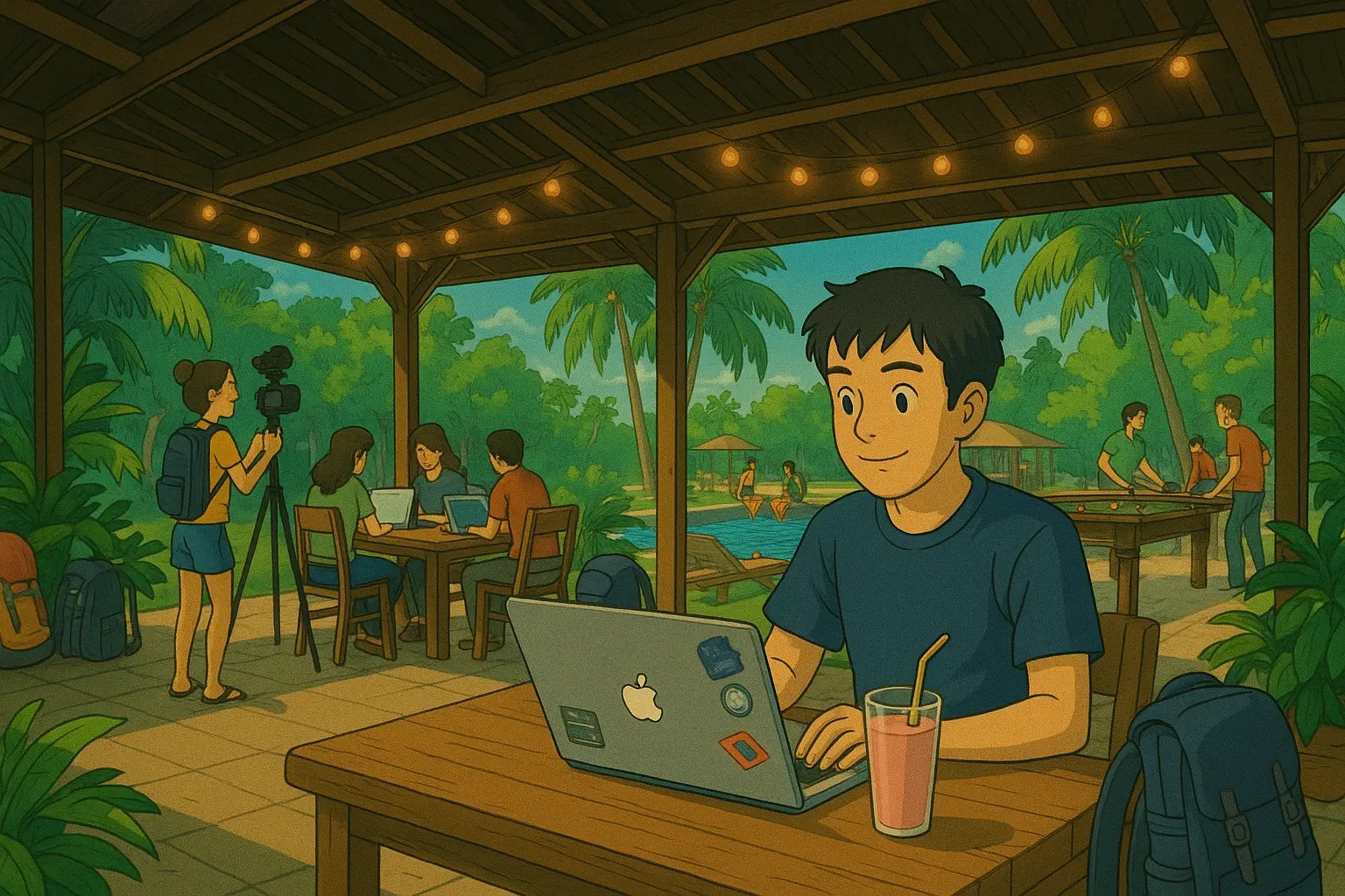 A young male digital nomad sits on a wooden boat at night, holding a MacBook Pro on his lap with AirPods in his ears, attending a work call. Around him, travelers snorkel in glowing plankton-filled waters. In the distance, faint lights from the mainland shimmer, symbolizing connectivity. The mood is whimsical and adventurous, with magical glowing waves.