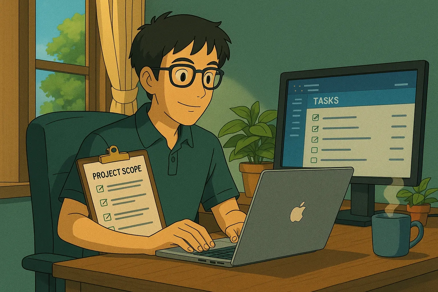 A focused freelance developer working on a MacBook in a cozy home office, holding a project scope checklist beside a monitor displaying task progress, with plants and a hot drink adding warmth to the scene.