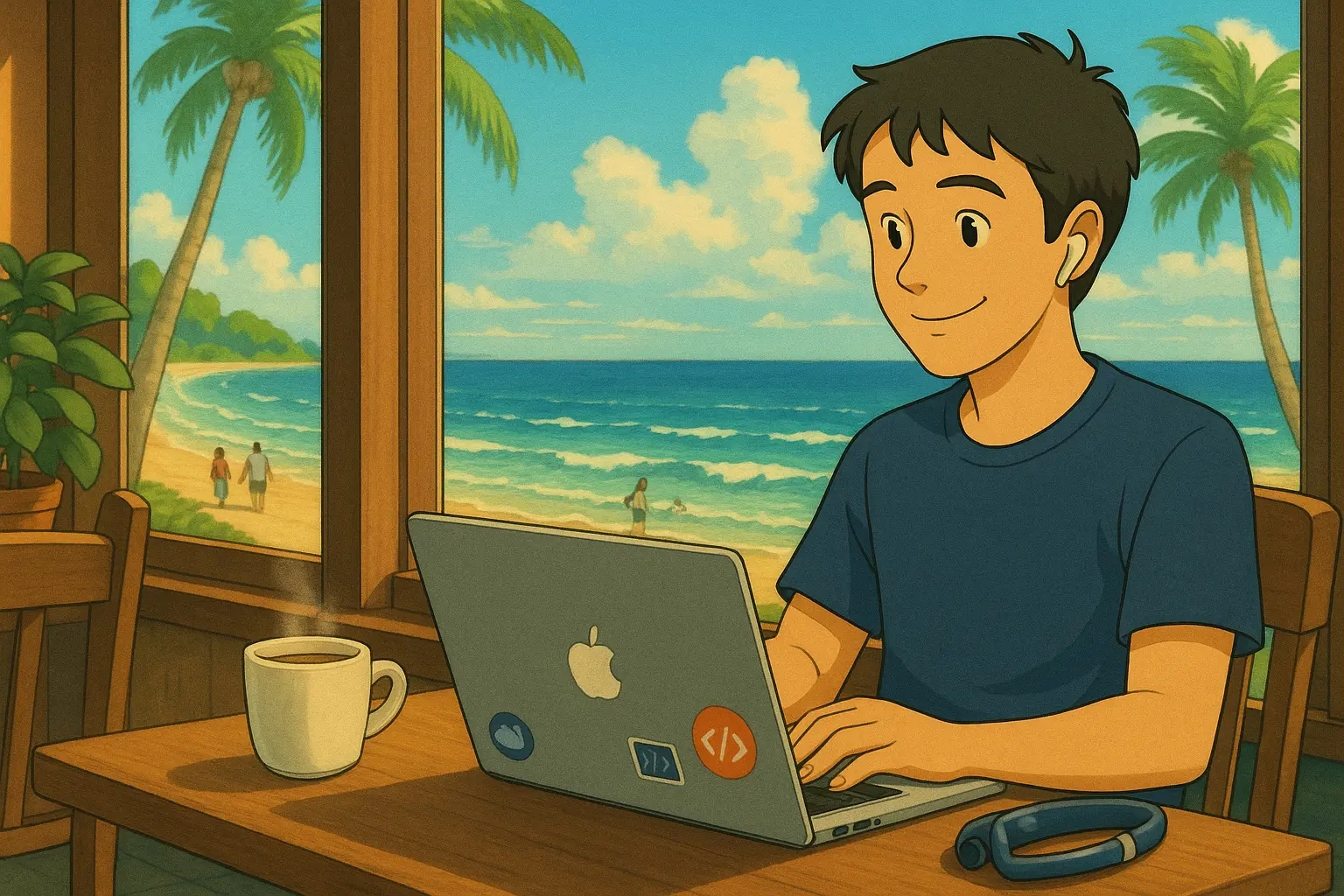 A cheerful freelance developer working on a MacBook in a cozy café with large windows, overlooking a serene beach with palm trees and gentle waves, a steaming coffee beside the laptop, and warm sunlight filling the room.