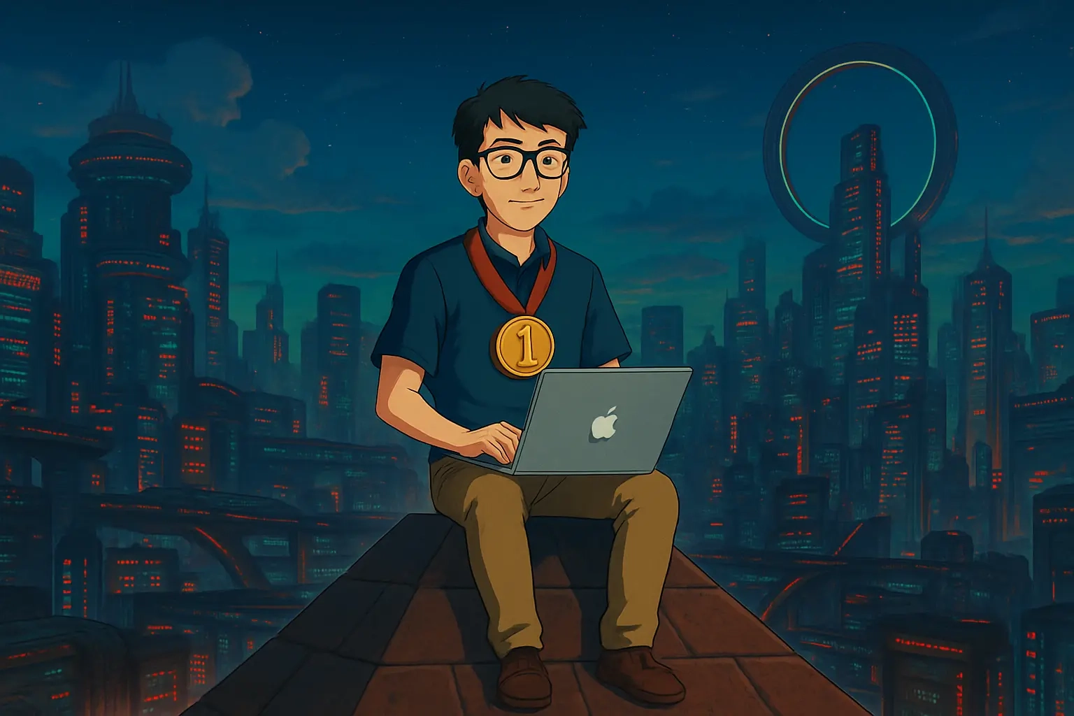 A geeky developer wearing a gold #1 medal, sitting atop a pyramid with a MacBook, surrounded by a futuristic city.