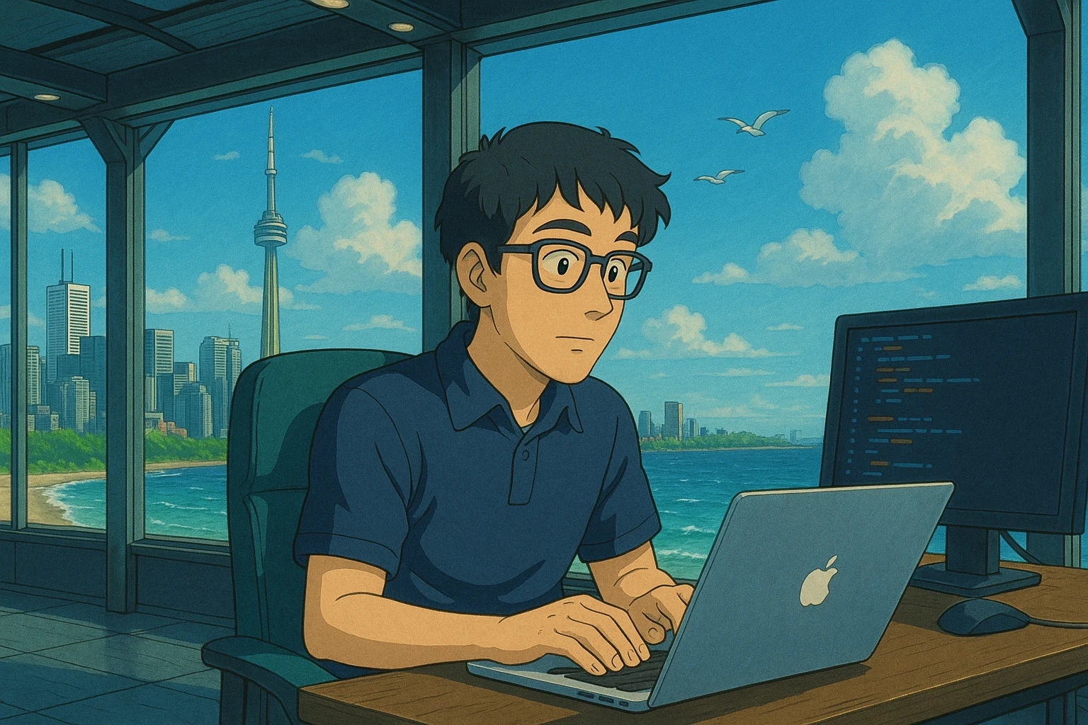 A senior full-stack engineer coding on a MacBook in a modern office with a view of Toronto's skyline and lake, featuring a code monitor and natural lighting.