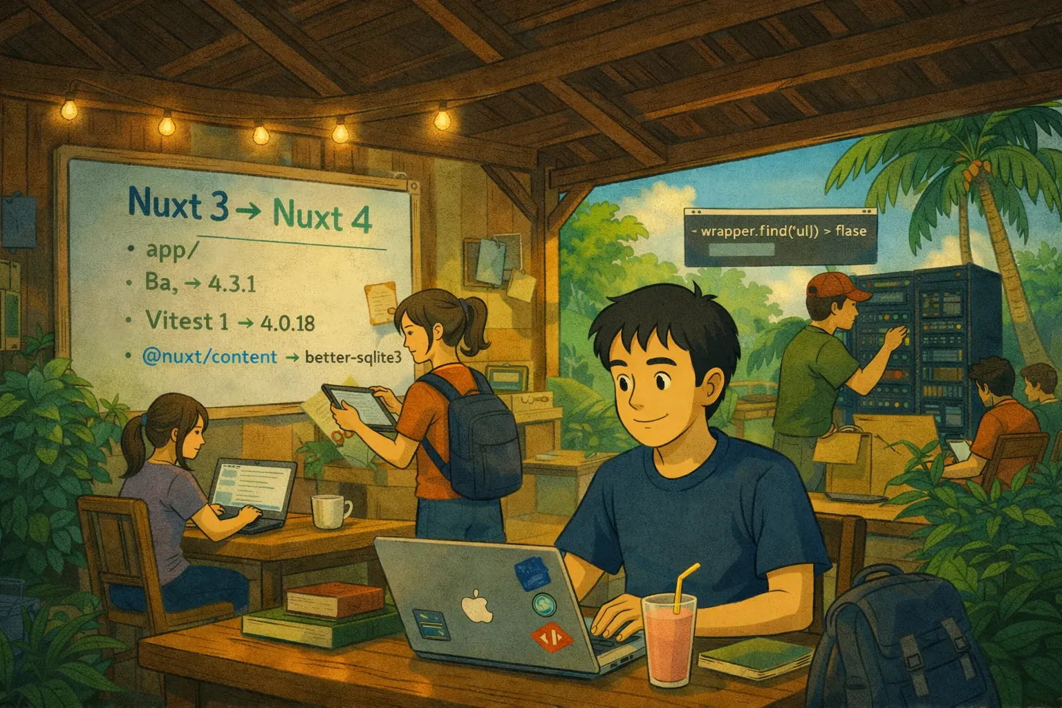 A developer sitting at a cafรฉ-style workspace with a MacBook, surrounded by floating code snippets showing Nuxt 3 โ Nuxt 4 migration details.